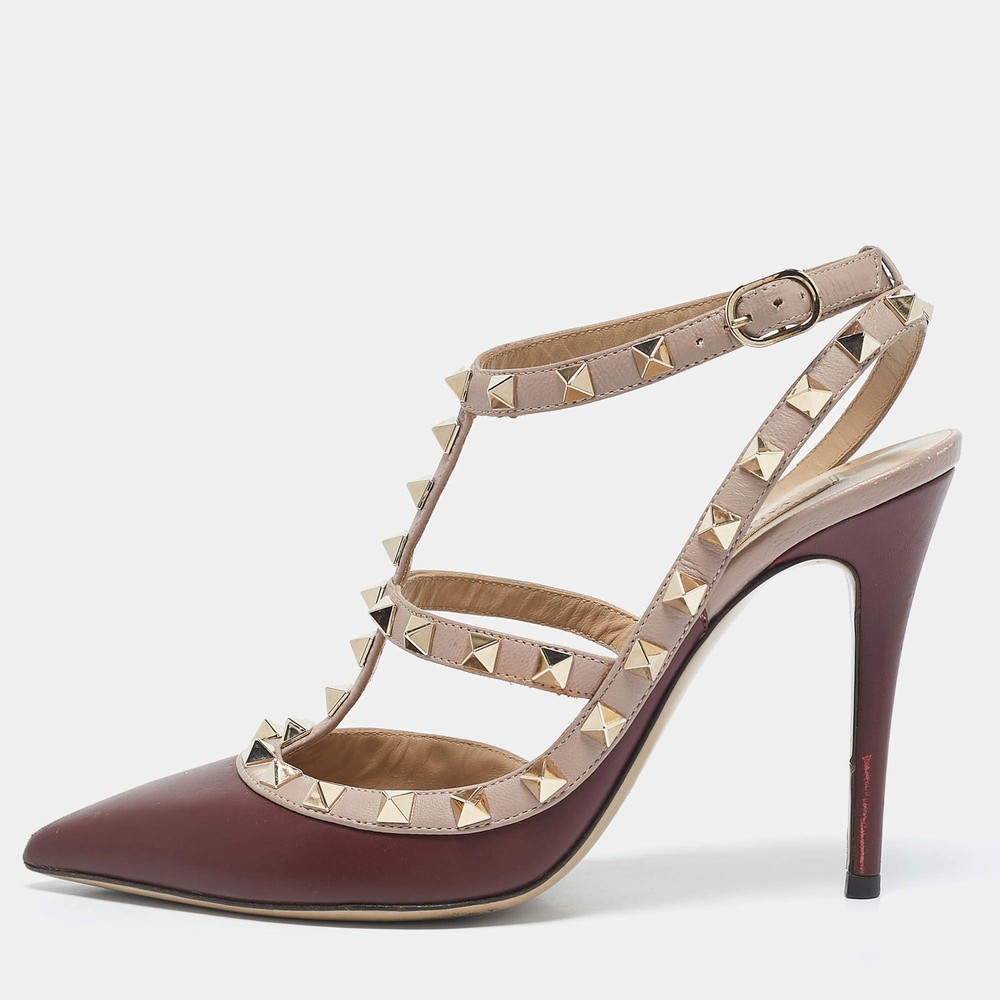 Valentino Burgundy Beige Leather Rockstud Caged Pumps Size 37