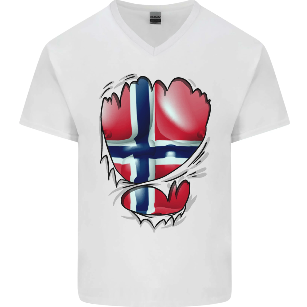 Gym Norwegian Flag Ripped Muscles Norway Mens V-Neck Cotton T-Shirt
