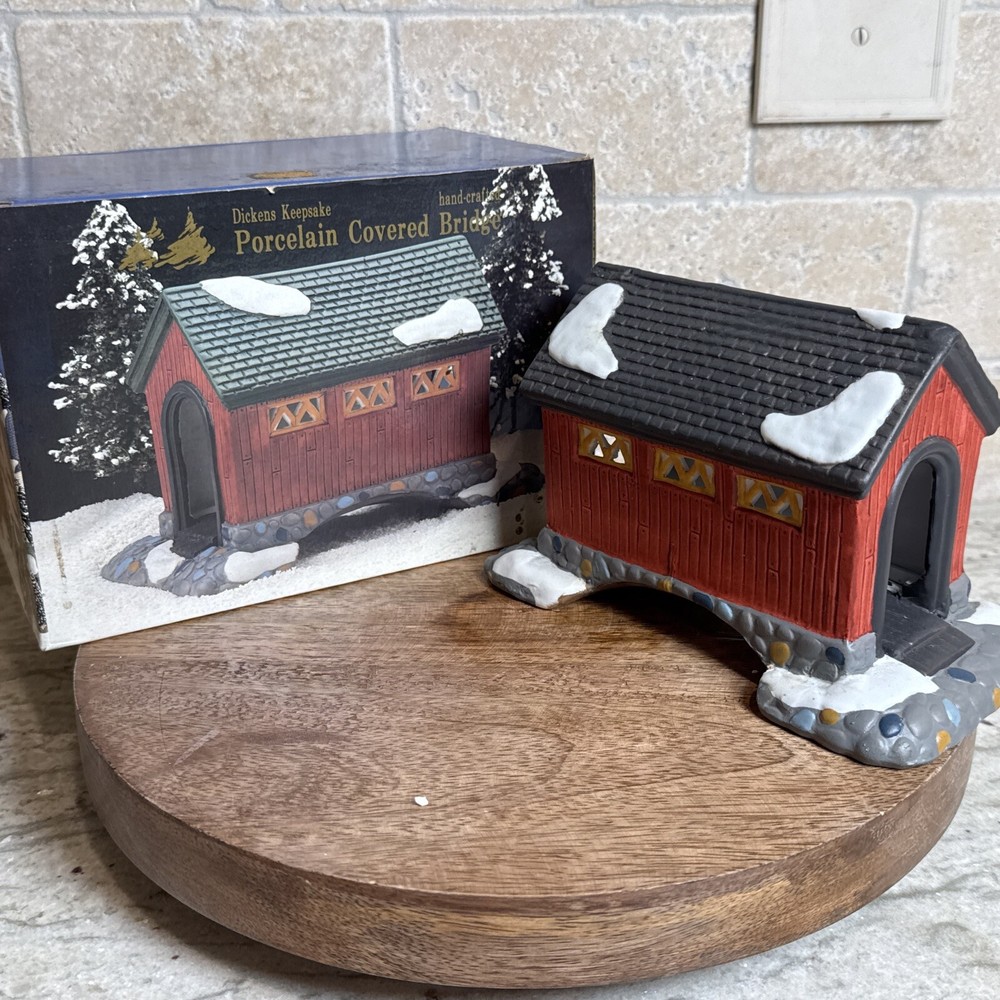 Dickens Keepsake Red Covered Bridge Porcelain Ornament Handcrafted Gift Boxed