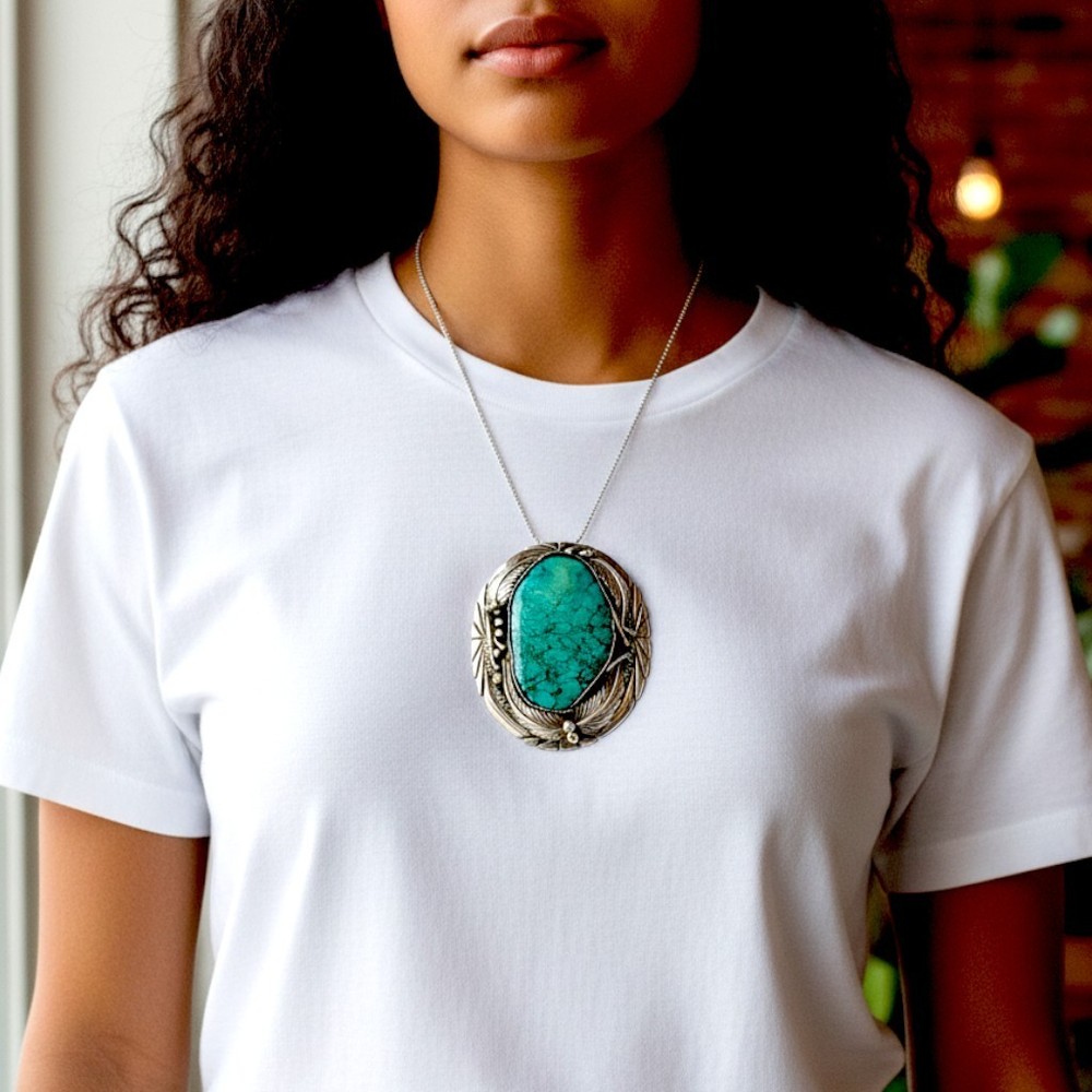 Phil Sanchez Sterling Vintage Ornate Silver & Large Spiderweb Turquoise Brooch