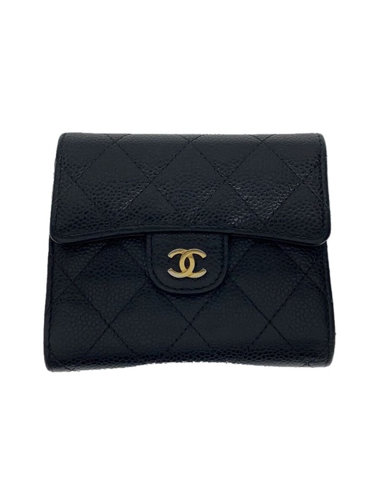 CHANEL Bi-Fold Compact Wallet Matelassé Caviar Leather CC Black F/S Pre-Loved