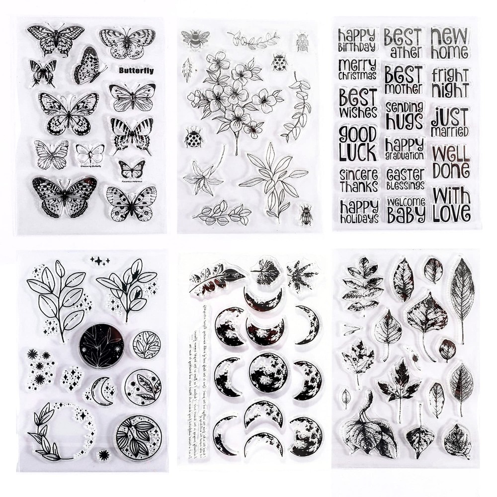 Muulaii 6 Sheets Clear Stamp Silicone Stamp Cards with Greeting Words, Flower...