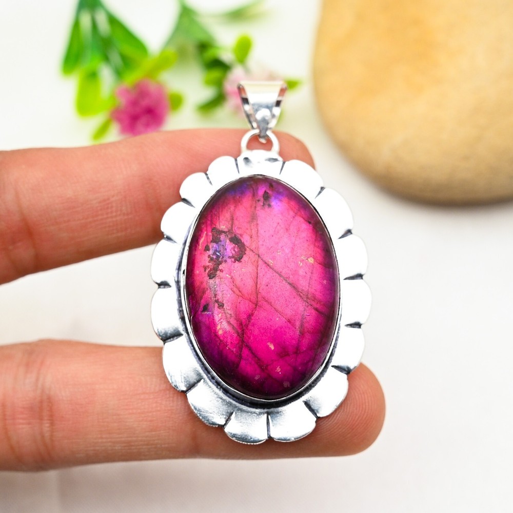 Pink Flash Labradorite Gemstone Pendant 925 Sterling Silver Handmade Jewelry