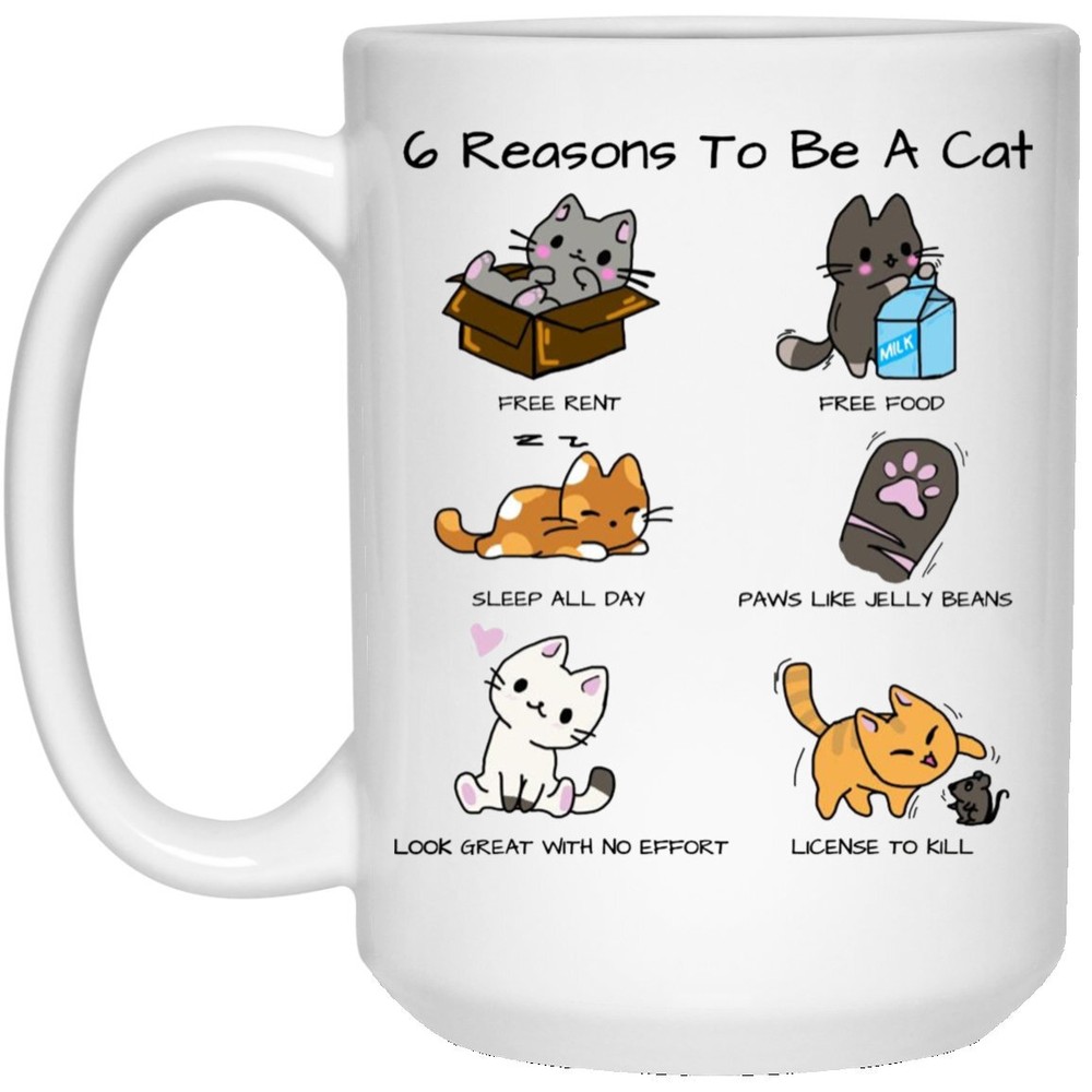Fun White Cat Lover Mug with Six Playful Reasons to Be a Cat  
