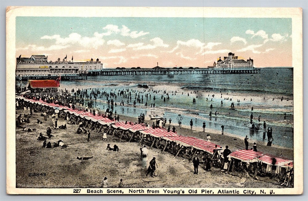 Vintage 1920 Atlantic City NJ Beach Scene with Pier and Umbrella Tents Postcard