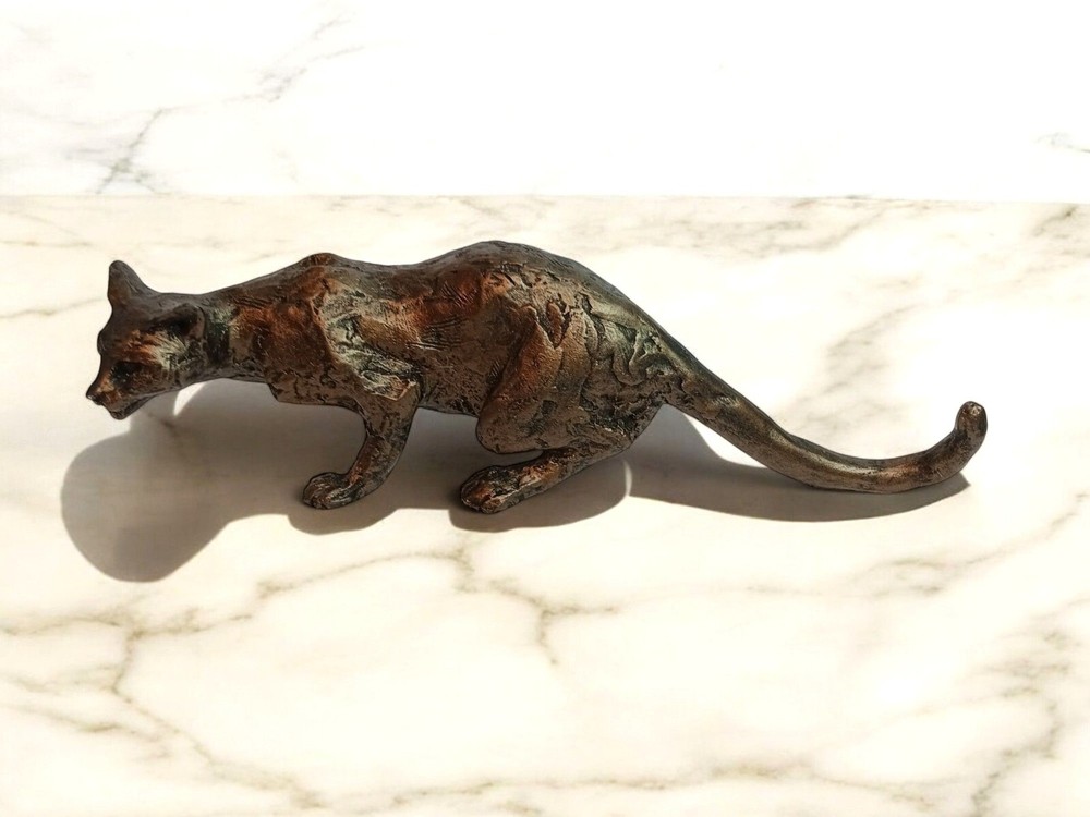 Gold Bronze Tone Brutalist Cat Cougar Sculpture, Resin? Crouching