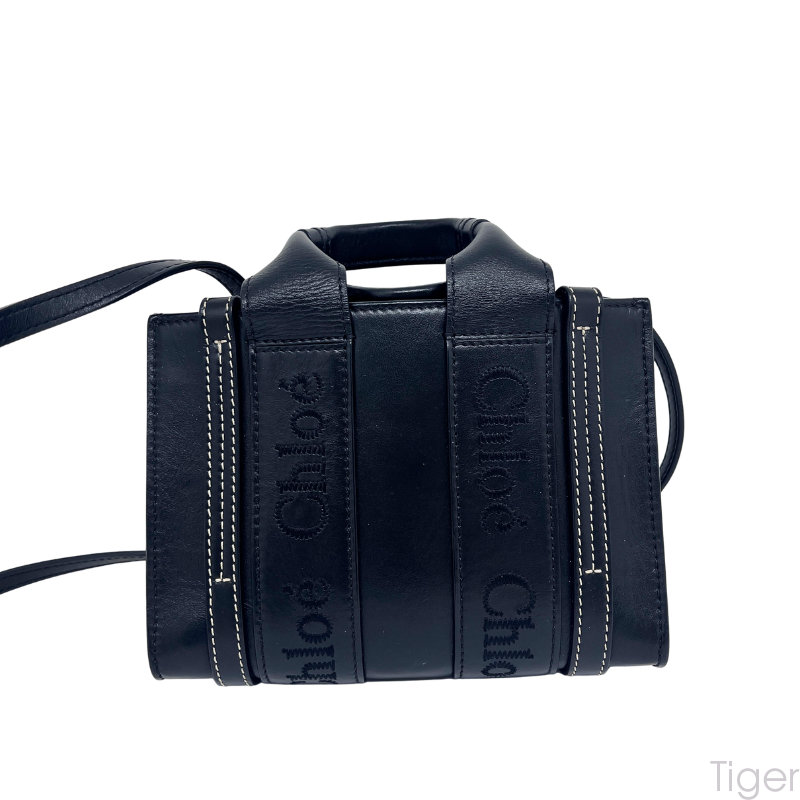 Chloe Auth Leather Embroidered Black Woody Tote Bag