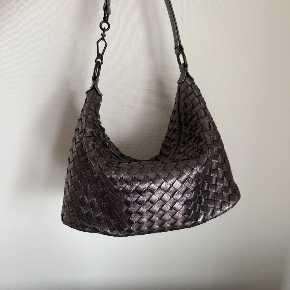 BOTTEGA VENETA Dark Brown Leather Shoulder Bag Excellent Condition Japan Authentic