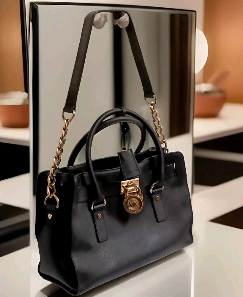 Michael Kors Black Hamilton Satchel Tote with Gold Chain Lock Shoulder Bag