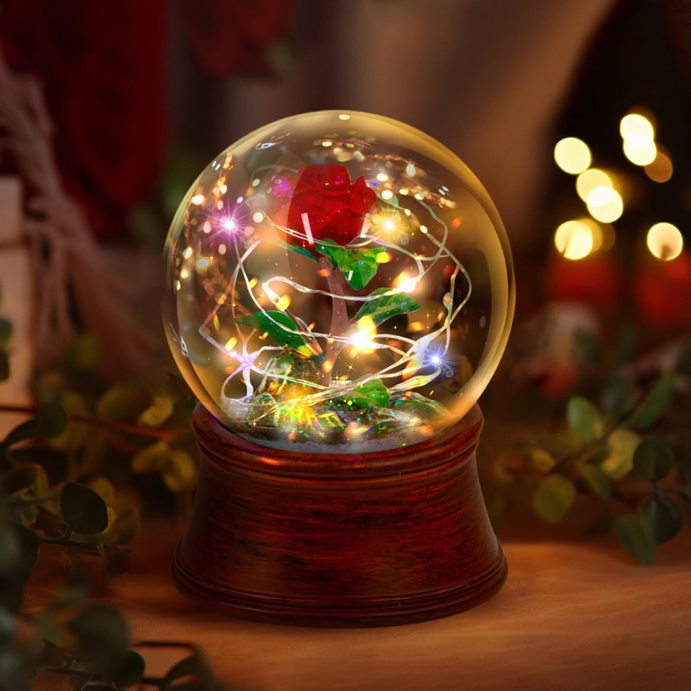 Rose Snow Globe Music Box, Preserved Red Rose Flower Musical Snow Globe LED L...
