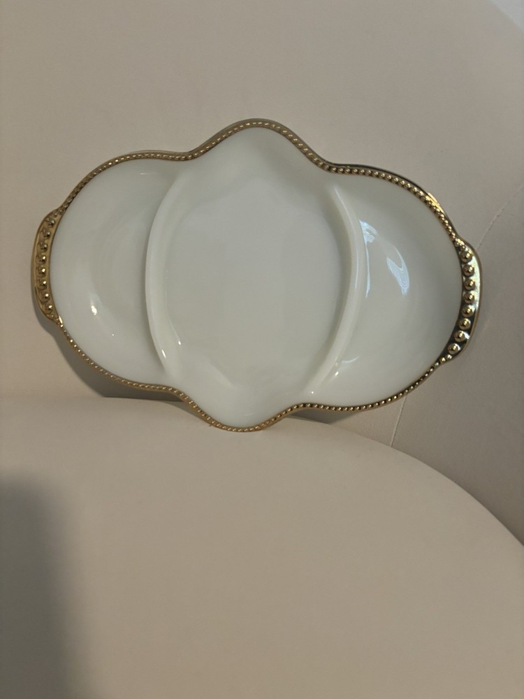 Vintage Anchor Hocking Fire King Milk Glass Serving or Snack Dish with Gold Trim