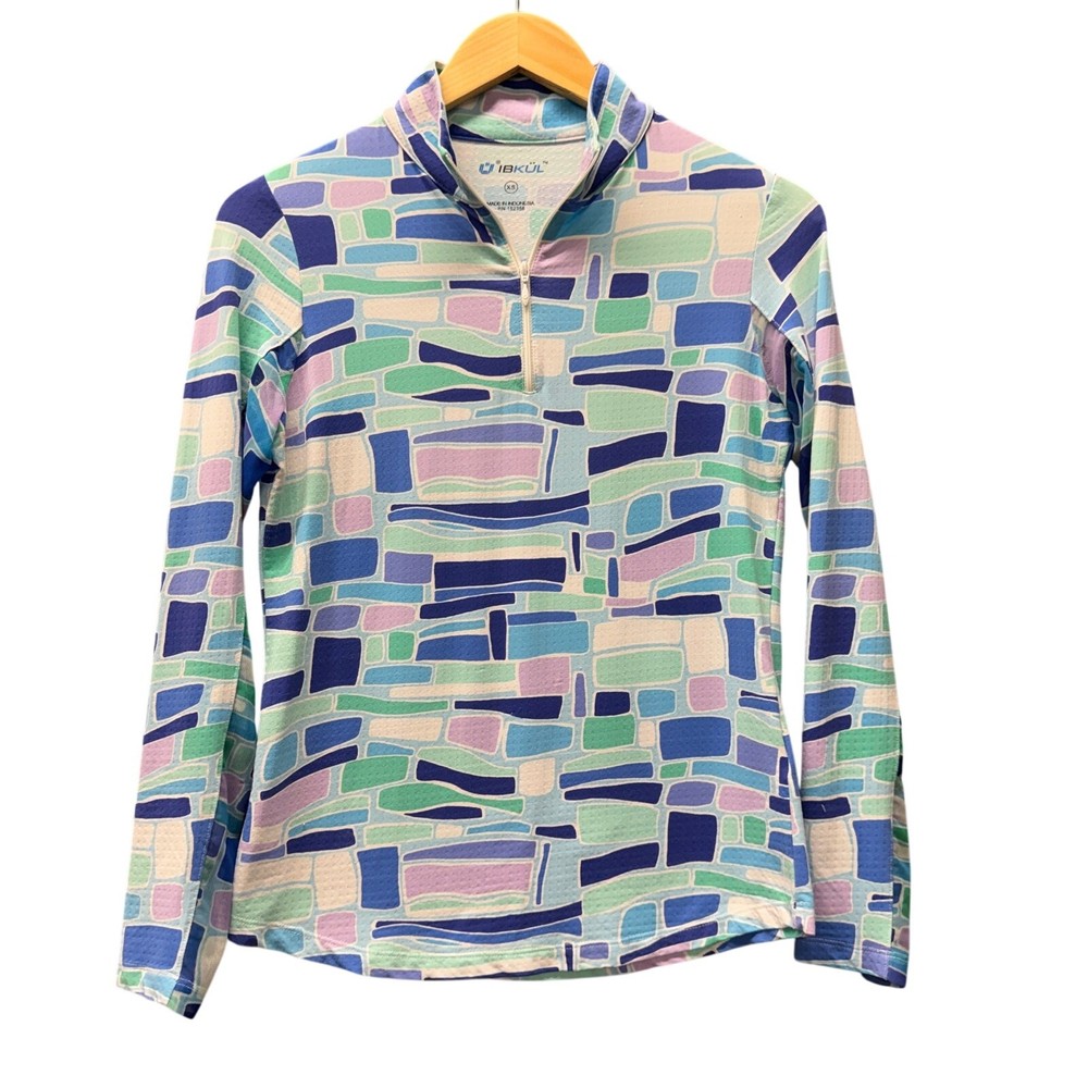 Ibkul Golf Shirt Womens XS Mesh Panel Long Sleeve Blue Green Pink 1/4 Zip