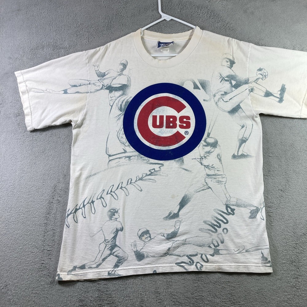Vintage 90s Chicago Cubs Shirt Adult Large White 1996 All Over Graphic USA READ