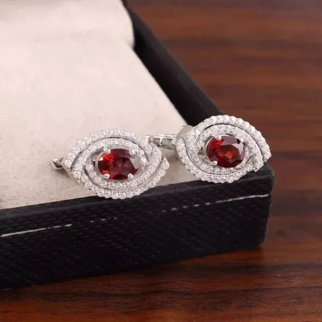 3CT Oval Cut Lab Created Red Garnet Wedding Men's Cufflink 14K White Gold Plated
