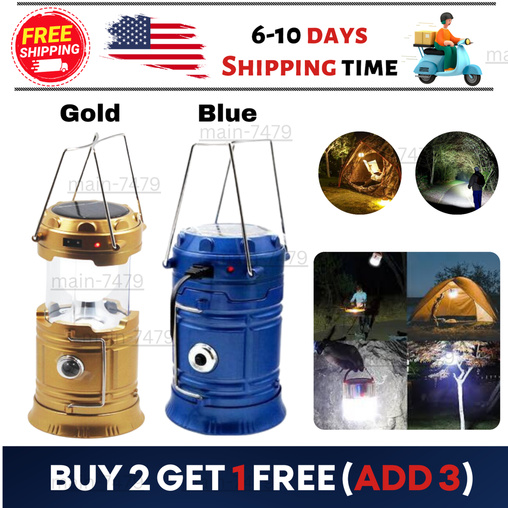 USB Solar Portable LED Flashlight Rechargeable Camping Tent Light Lantern Lamp