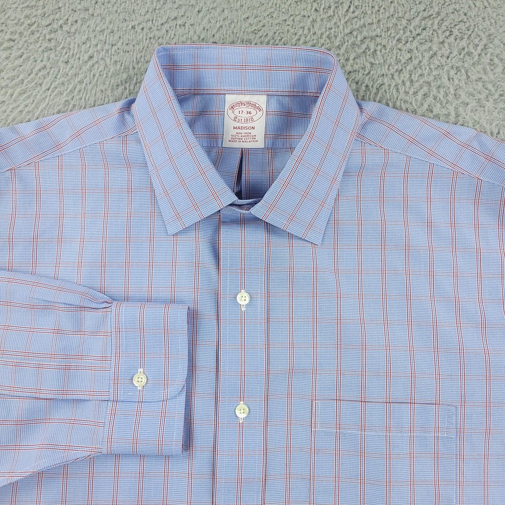 Brooks Brothers Dress Shirt Mens 17 Blue Plaid Madison Non Iron Supima Cotton