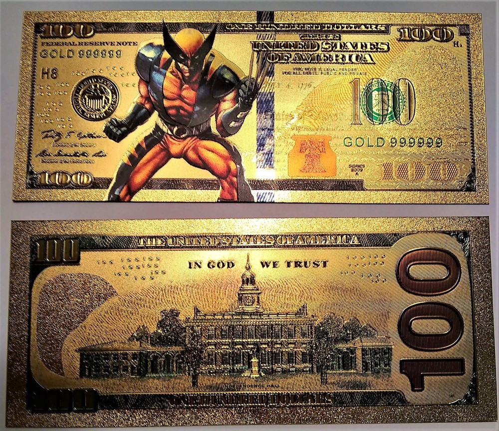 Super Hero Wolverine 100 Dollars Gold Banknote