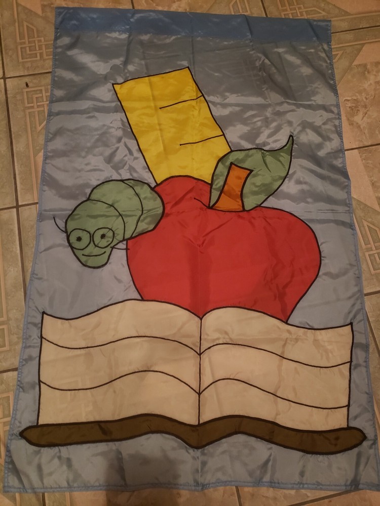 Back to School Fall Garden Flag with Apple Worm Book Ruler Design-image