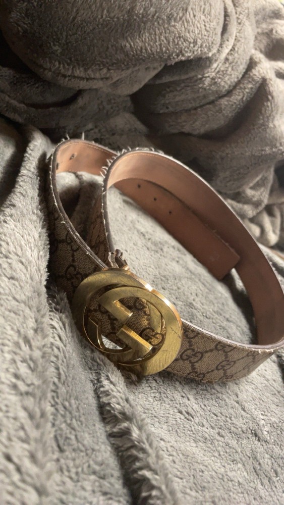 Gucci Men's Brown Gold Logo Print Dress Belt with Gold Buckle Adjustable Size 95