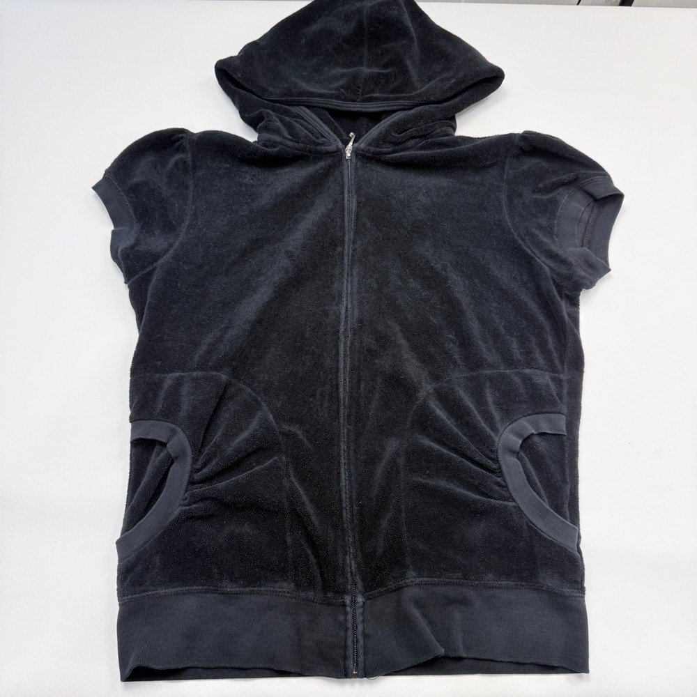 Y2K Juicy Couture Black Terry Cloth Short Sleeve Hoodie Tag Large (Fit S/M)