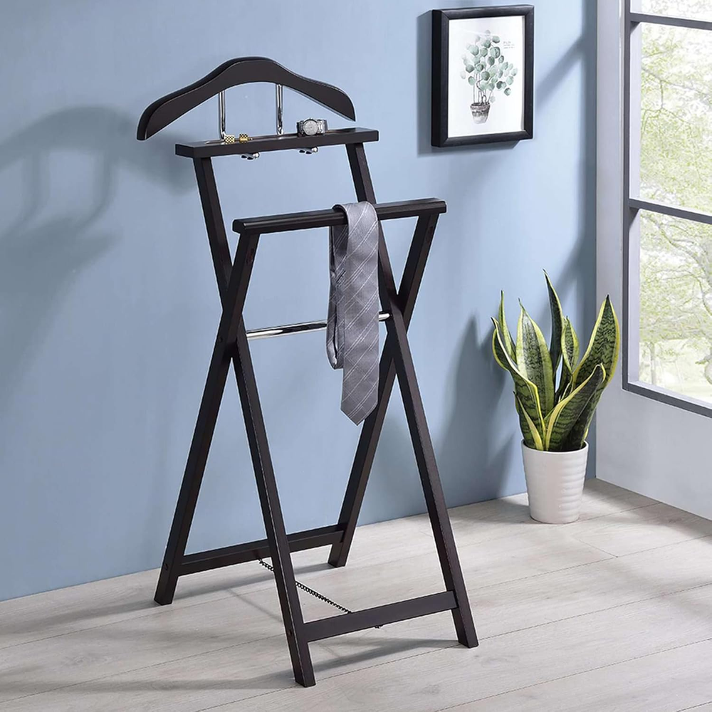 Oliver Walnut Wood Foldable Suit Valet Rack Stand Organizer