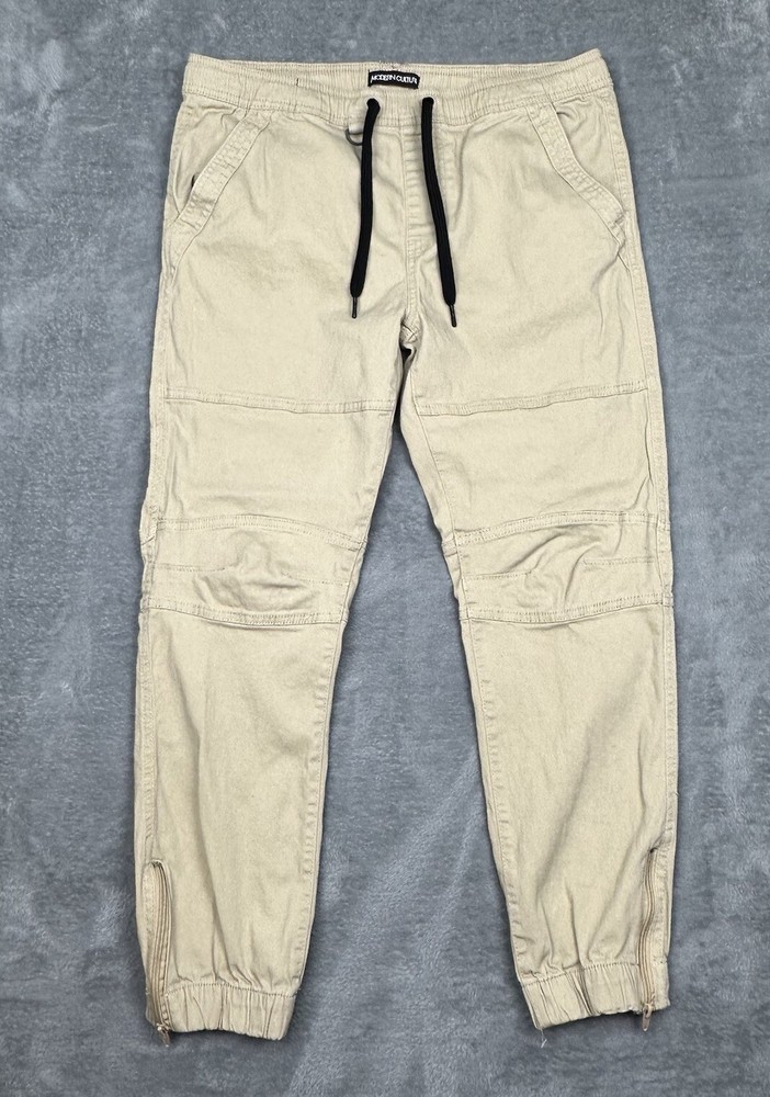 Modern Culture Jogger Mens Large Khaki Tie Waist Stretch Pants Zip Ankles