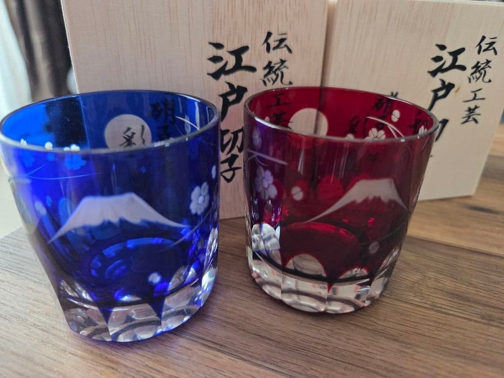 [Limited time discount] Edo Kiriko glass pair glass blue and red set (single-image