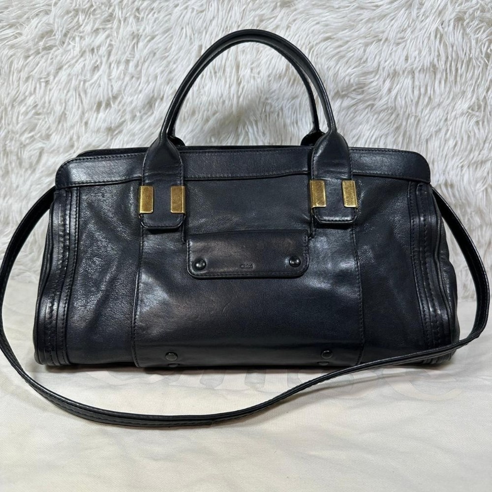 Chloe Genuine Leather Black Tote Shoulder Bag 2-Way Authentic Pre-Owned