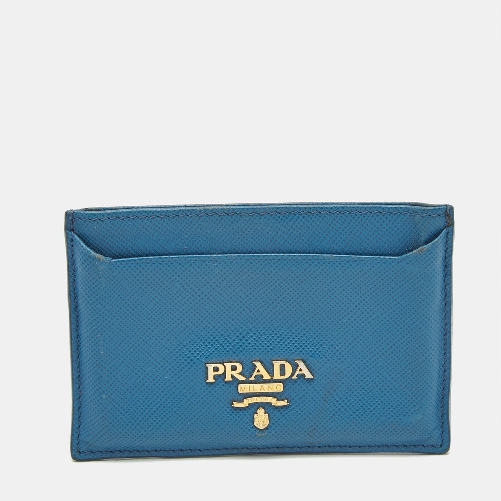 Prada Blue Saffiano Leather Logo Card Case Wallet