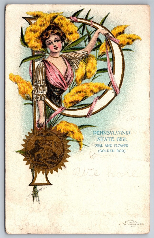 Pretty Lady Pennsylvania State Girl Seal & Flower Golden Rod C1900s Postcard Y21