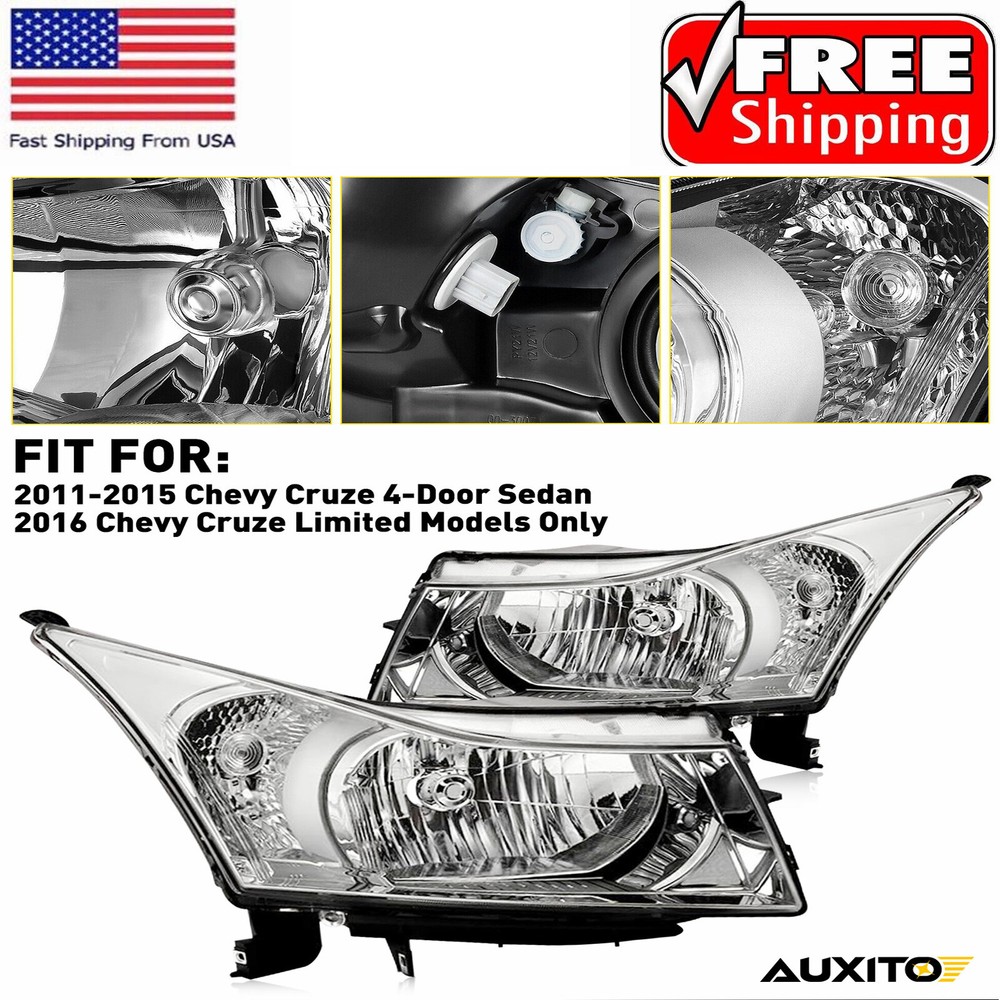 For 2011 12-2015 Chevy Cruze 4-Door Sedan Housing Chrome Headlights Left & Right