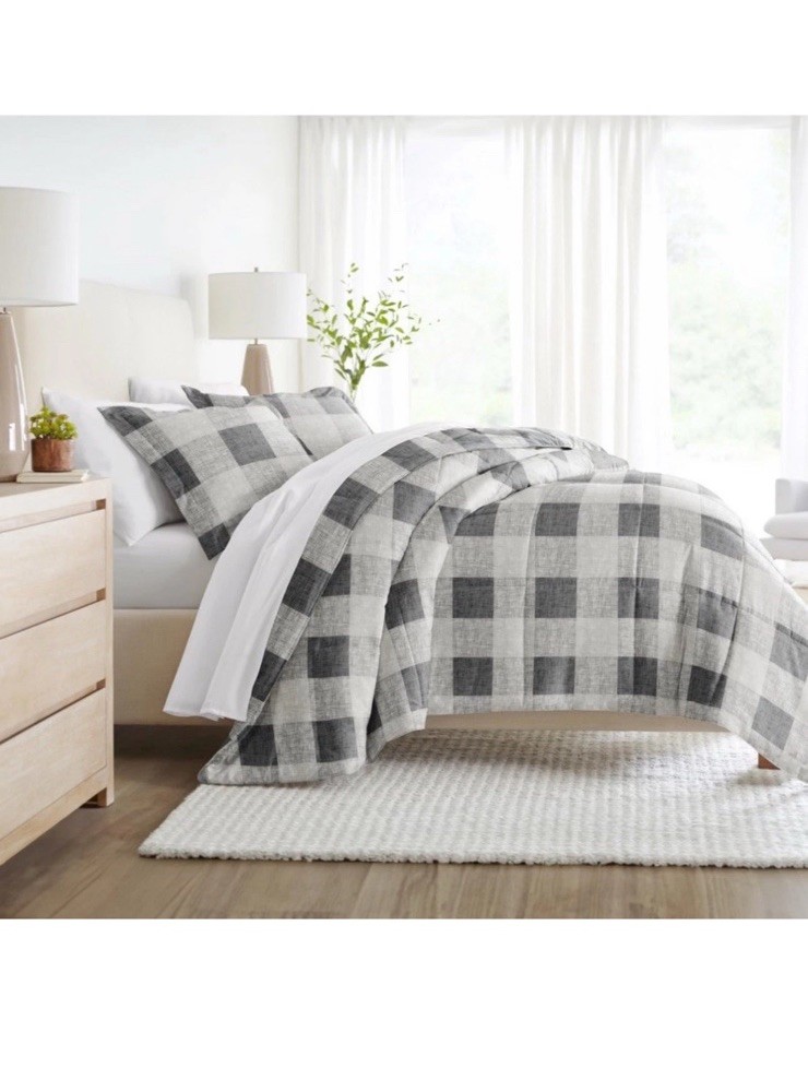 Becky Cameron Reversible Gray Gingham Microfiber Bedding Set Full Queen Size New