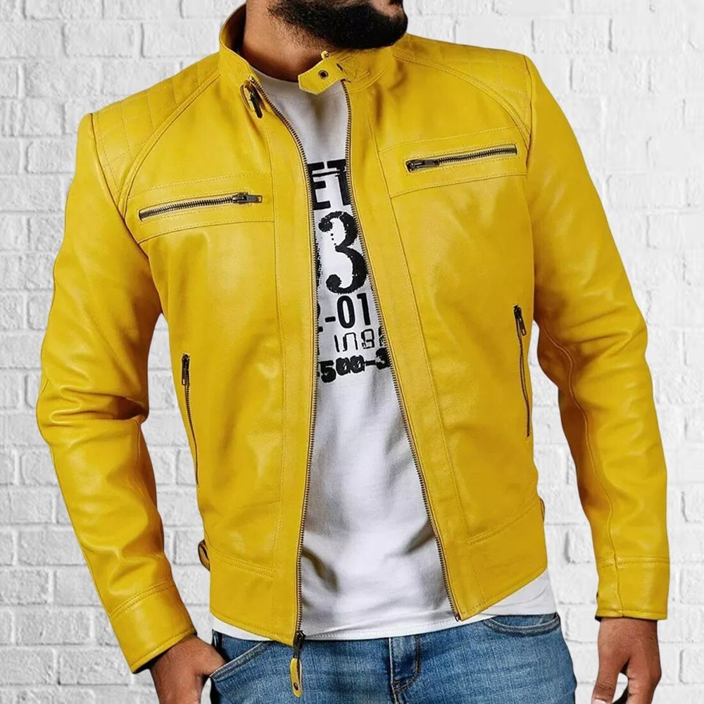 Men's Designer Yellow Lambskin Biker Leather Jacket Soft Motorcycle Style