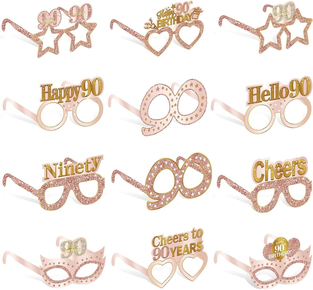 24PCS 90th Birthday Paper Eyeglasses Decorations for Women, Pink Rose Gold Ha...
