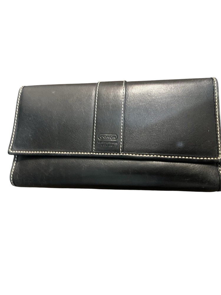 COACH Black Leather Trifold Wallet with Snap Zipper & Coin Pocket Excellent Used Condition