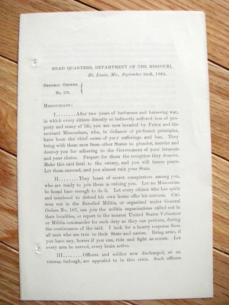 CIVIL WAR MISSOURI STERLING PRICE INVASION UNION CALL TO ARMS ST LOUIS 1864