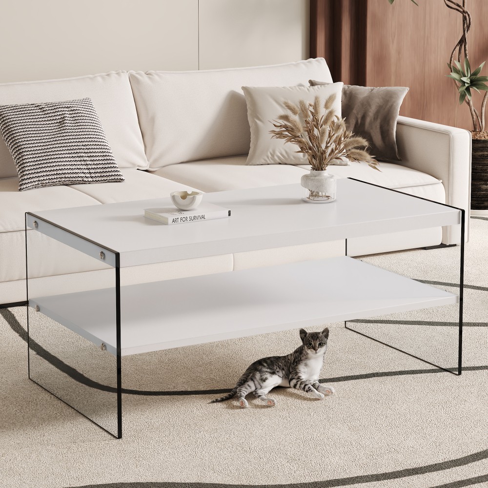 Double-layered white grain MDF rectangular coffee table with two tiers  -image