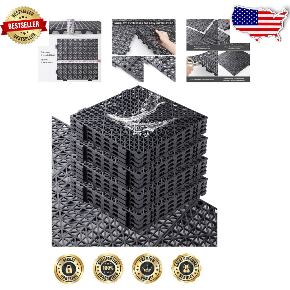 Modular Rubber Drainage Mats - Easy to Install Non-Slip 12PCS Set in Black
