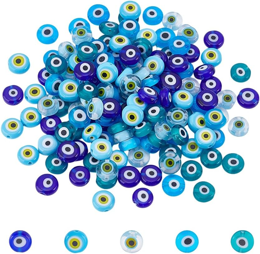 150 Pcs 5 Colors Handmade Evil Eye Lampwork Beads, 8mm Flat Round/Disc Turkish E