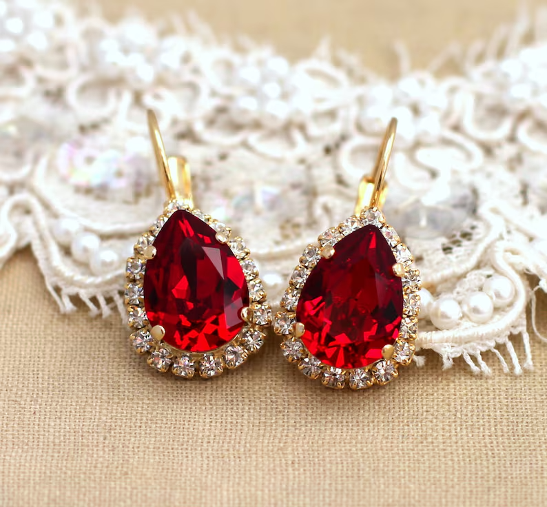 3 Ct Pear Simulated Ruby 14k Yellow Gold Plated Halo Hoop Drop Earrings