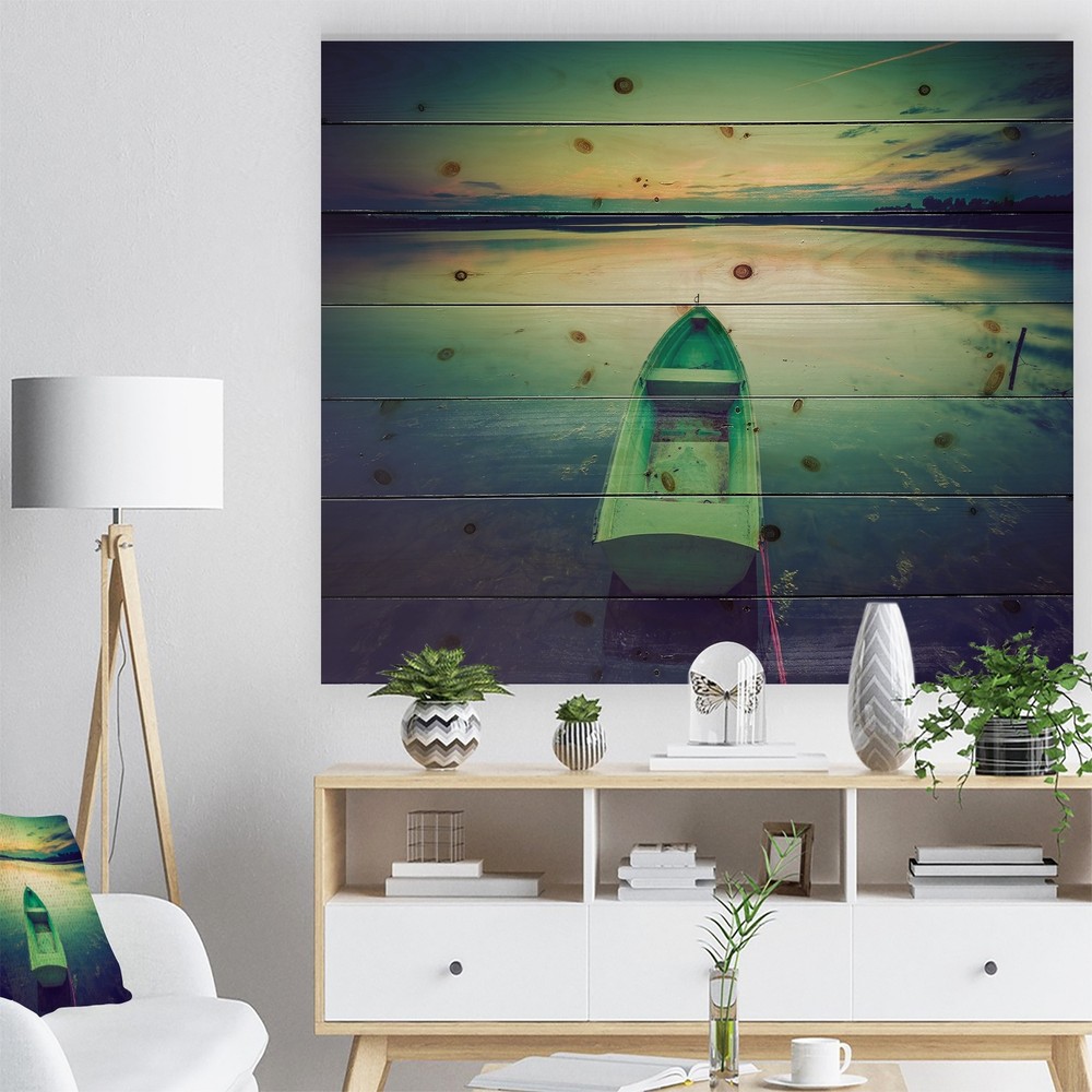 Designart 'Boat at Sunset in Vintage Lake' Boat Print on  Small