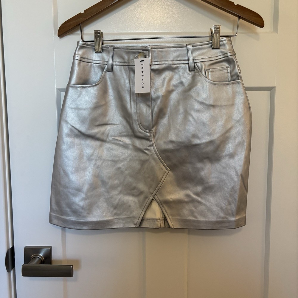 Women’s Topshop Faux Leather Metallic Silver Mini Skirt Size 6