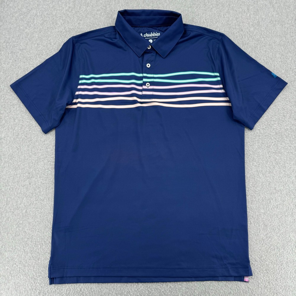 Chubbies Shirt Mens Large Navy Blue Short Sleeve Stripe Pattern Performance Polo