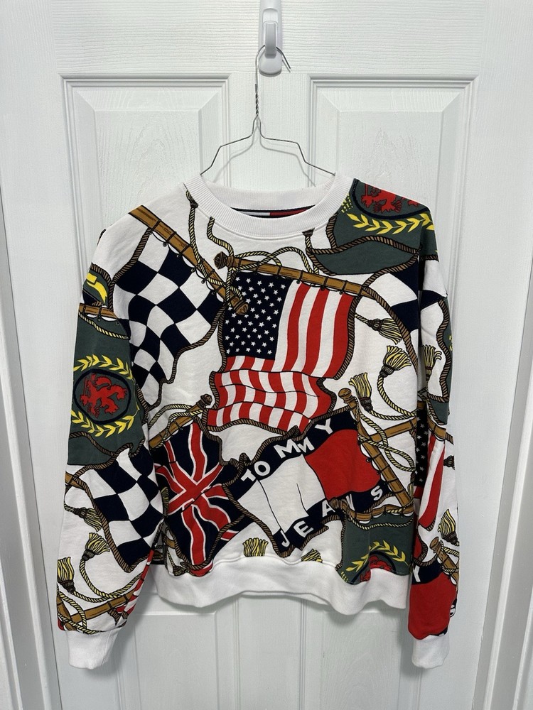 Tommy Hilfiger 90s Flag Print Crewneck Men's S with Slight Tear