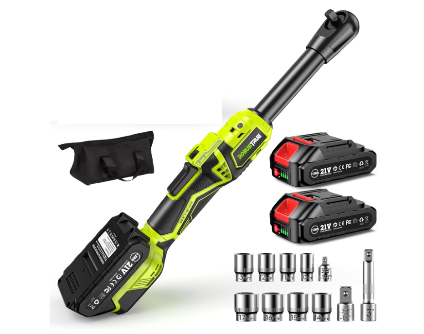 Carraca eléctrica inalámbrica 3/8”, 400 RPM, cuello extendido, 2 baterías, LED.