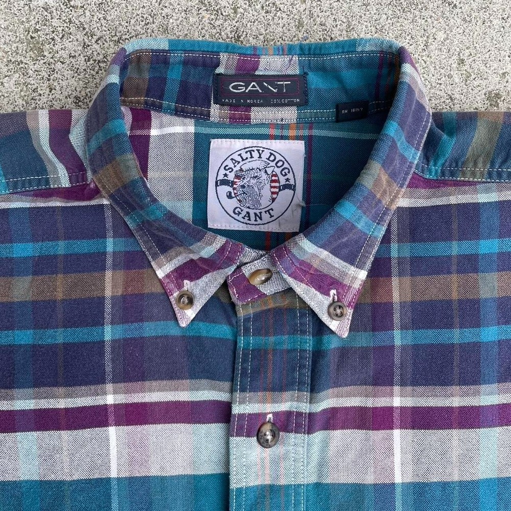 Vintage 80s Gant Salty Dog Plaid Button down Shirt Large Oxford cloth Ivy style