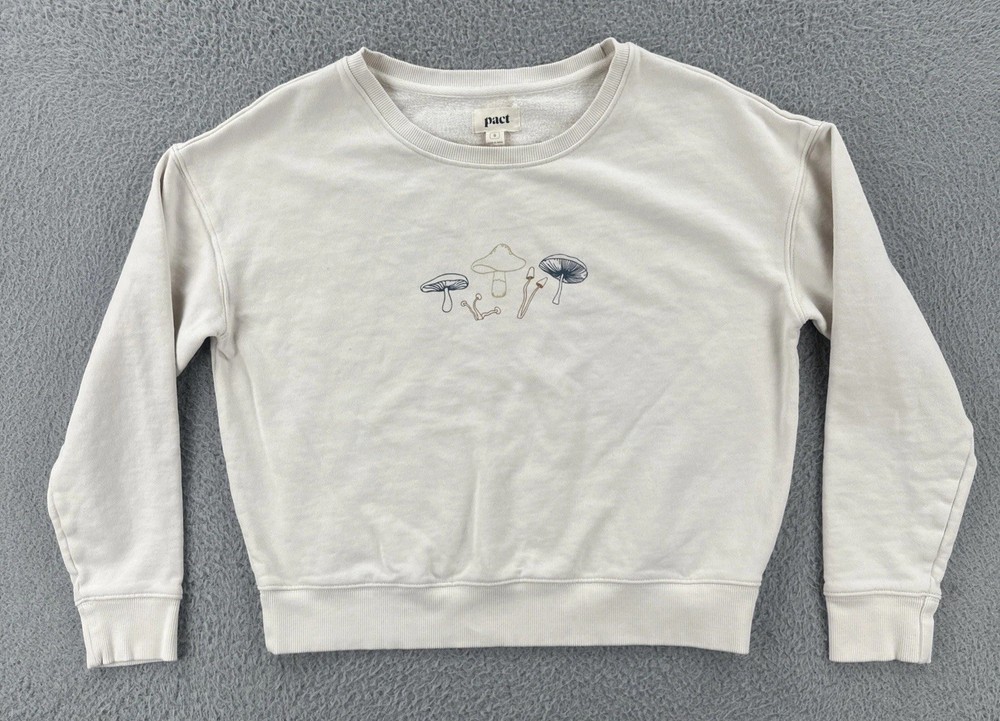Pact Women’s Size Small Crew Neck Long Sleeve Sweatshirt Mushroom Graphic EUC