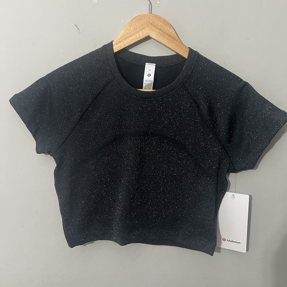 Lululemon Womens Swiftly Tech Cropped Tee 2.0 Sparkle Black LUX NEW training