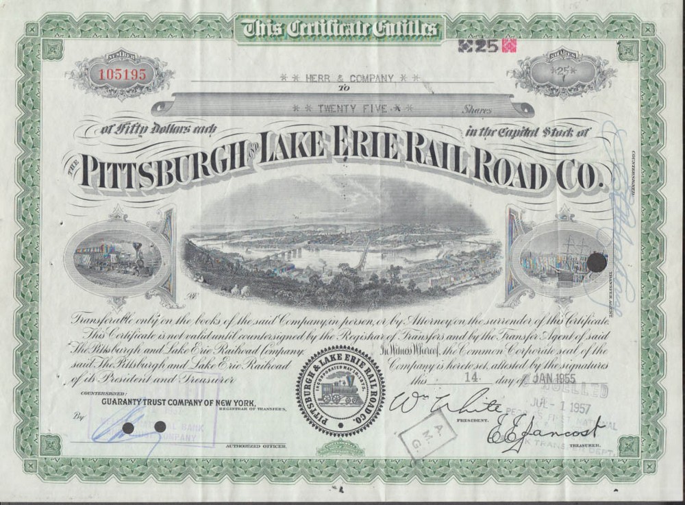 1955 Pittsburgh & Lake Erie Railroad RR 25-share vintage stock certificate