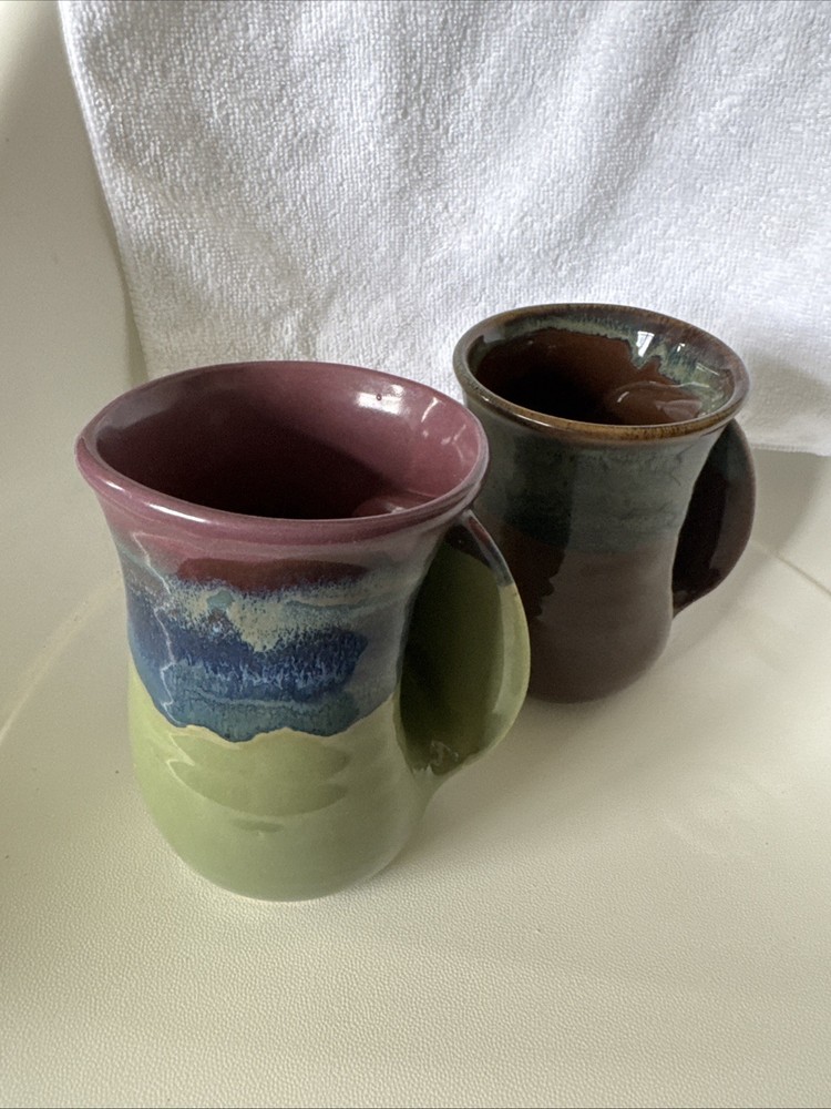 Vintage NEHER Pottery Right Hand Warmer Mugs Green 2023 and Brown 2022